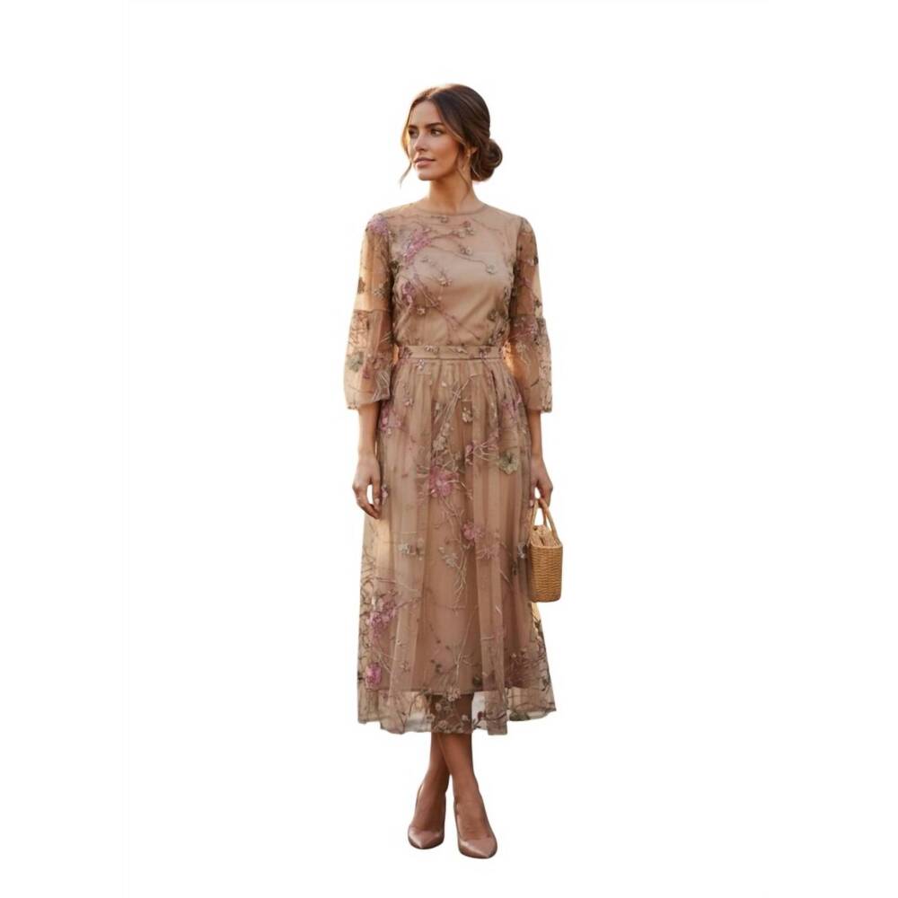 NEW BIGIO COLLECTION embroidered prairie sleeve sheer midi dress in tan